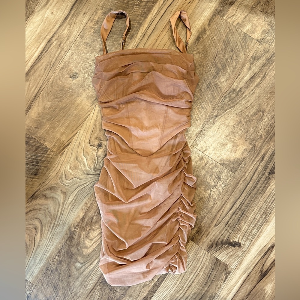 Oh Polly ruffed mini dress in taupe